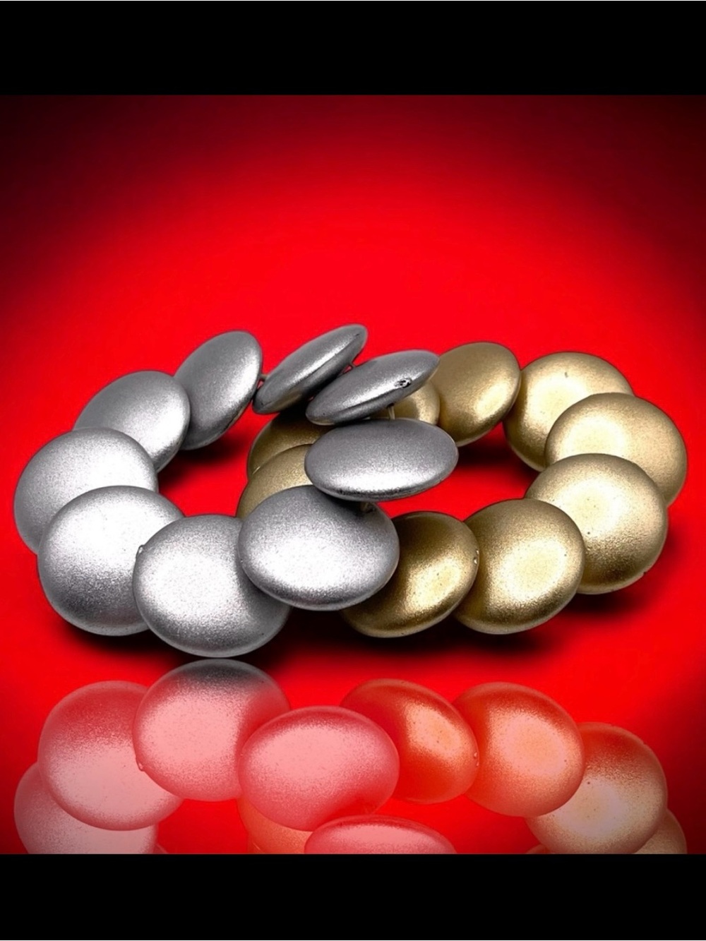 Fabulous SET of Two Stretch Disc Bracelets Silver and Gold Tone Metallic Holiday